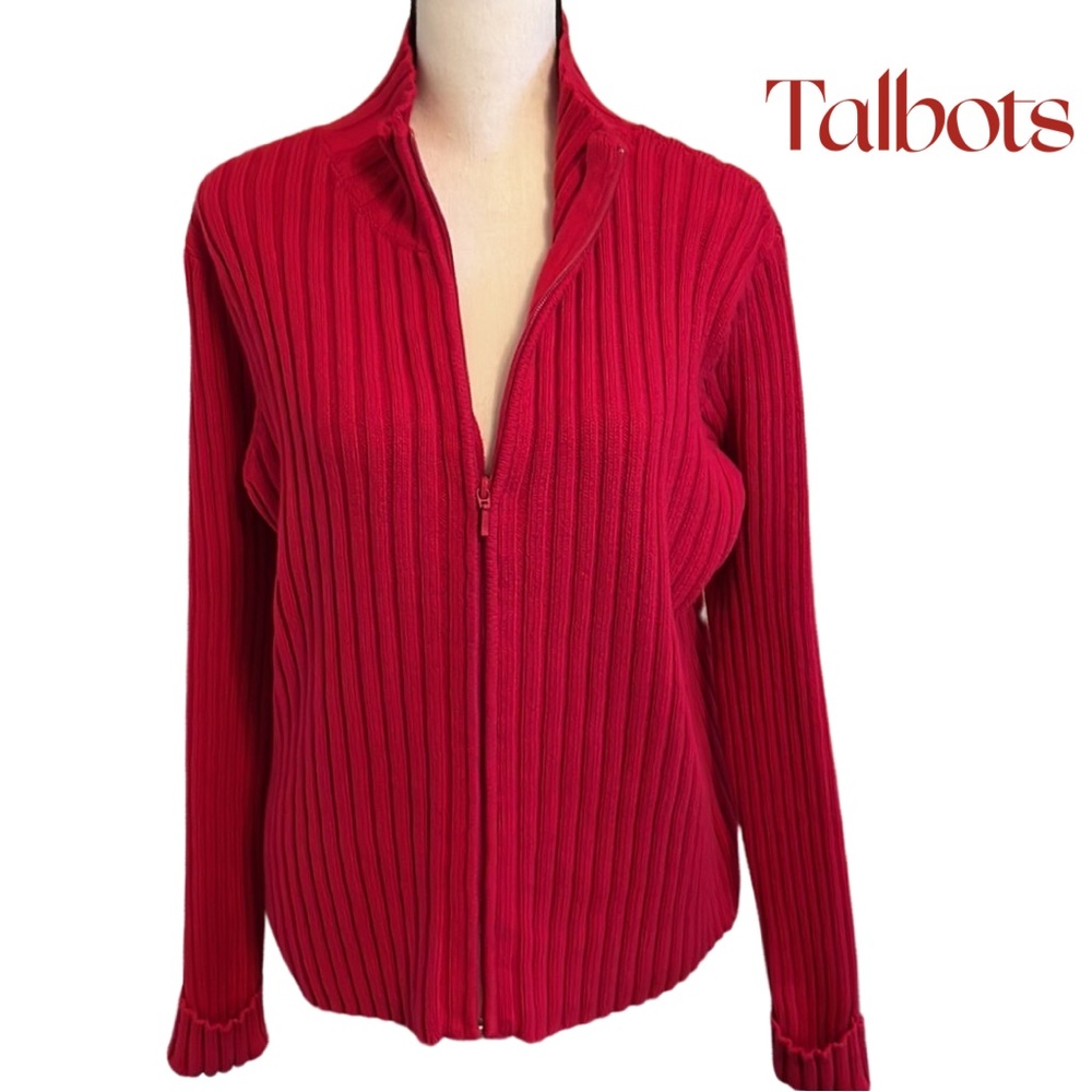 Talbots Red Ribbed Zip-Up Sweater Cardigan